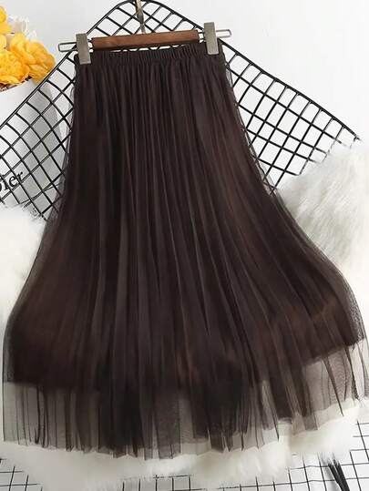 Women's Elegant Pleated Mesh A-Line Skirt, Suitable For Casual Or Office Wear, Simple And Elegant, Polyester Mesh Skirt, All-Season Essential Piece, Spring/Summer/Autumn Versatile Skirt