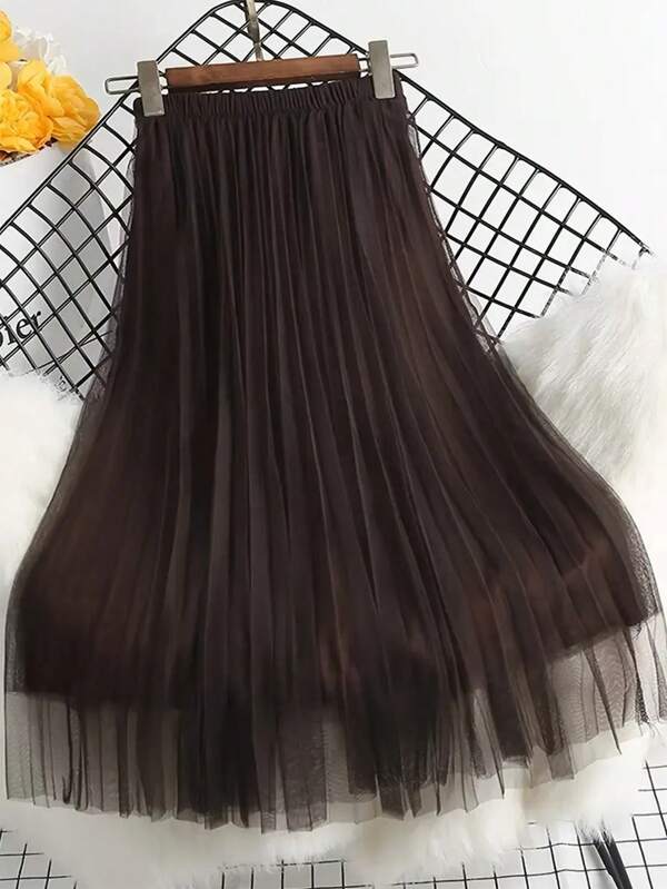Women's Elegant Pleated Mesh A-Line Skirt, Suitable For Casual Or Office Wear, Minimalist And Graceful | Polyester Mesh Skirt, Essential Versatile Item For All Seasons, Spring/Summer Skirt