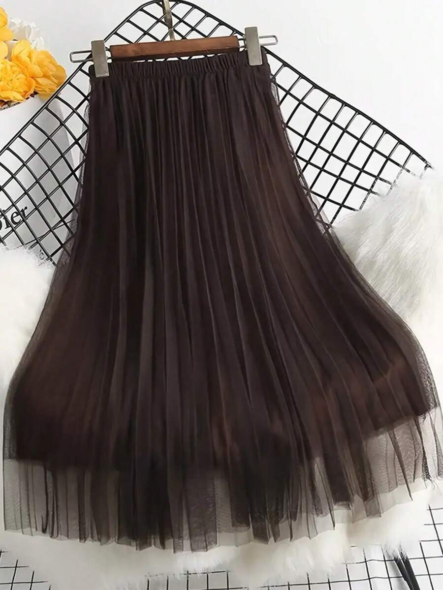 女士优雅褶裥网纱A字半身裙，适合休闲或办公场合穿着，简约优雅 | 涤纶网纱半身裙，四季必备单品，百搭春夏半身裙 - 咖啡棕 - 查看 1