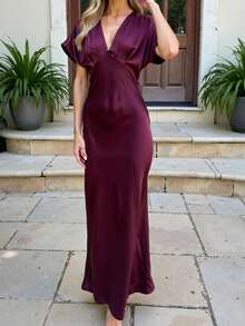 Women's Summer Fashion New V-Neck Waist Cinched Fitted Silk-Like Satin Midi Dress, French Romantic/Vacation Style Elegant - Burgundy - View 5