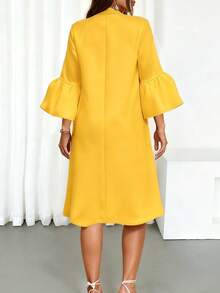 Đầm dài vừa phải, cổ đứng, tay đèn lồng, màu trơn, giản dị, thanh lịch, ngọt ngào, nhẹ nhàng dành cho nữ mùa hè - Màu vàng - Xem 2