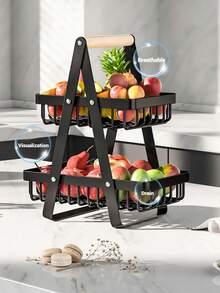 1 pieza Bandeja de cesta de frutas reforzada de 2/3 niveles, estante de almacenamiento para encimera de cocina con varillas de soporte adicionales para frutas, verduras, pan y aperitivos; estantes desmontables ahorradores de espacio adecuados para despensas, armarios y encimeras, y se utilizan a menudo para exhibición en el hogar y la cocina. Cesta de frutas negra.