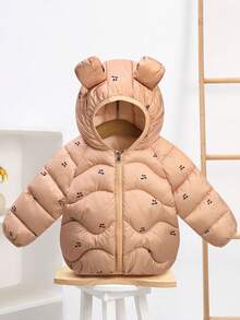 全新樱桃印花夹棉夹克外套，男童女童保暖秋冬上衣，幼儿婴儿夹棉派克大衣外套 - 杏色 - 查看 11