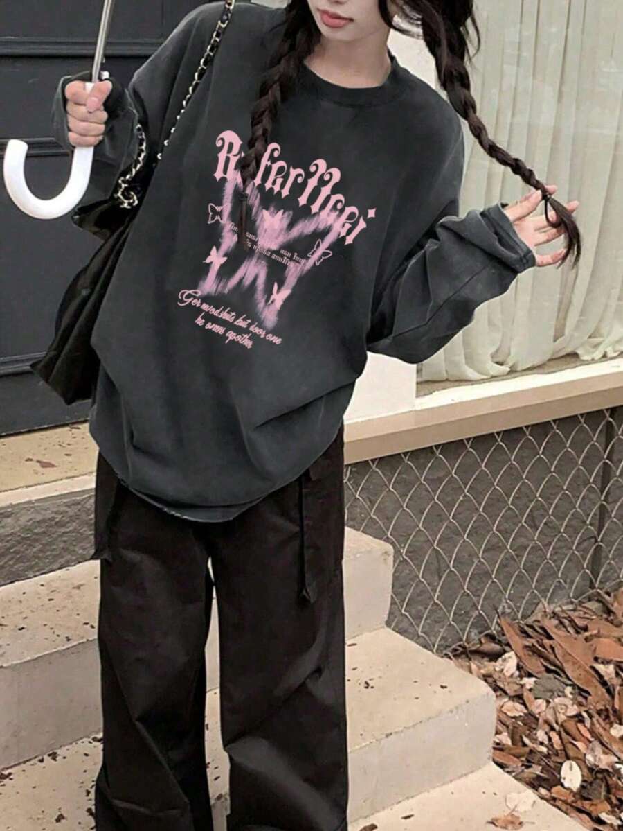 New Autumn/Winter Women Round Neck Butterfly & Letter Print T-Shirt, Casual Lovely Oversized Drop Shoulder Long Sleeve Tee Top