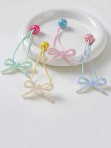 4pcs/Set Girls Candy Color High Ponytail Double Bowknot Ball Elastic Hair Ties, Simple & Gentle, Suitable For Daily Use - Multicolor - View 3