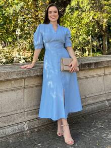 MARRANT PLAIN MIDI DRESS Simple Button Contrasted Waist WOMEN'S SUMMER FASHION - Baby Blue - View 8