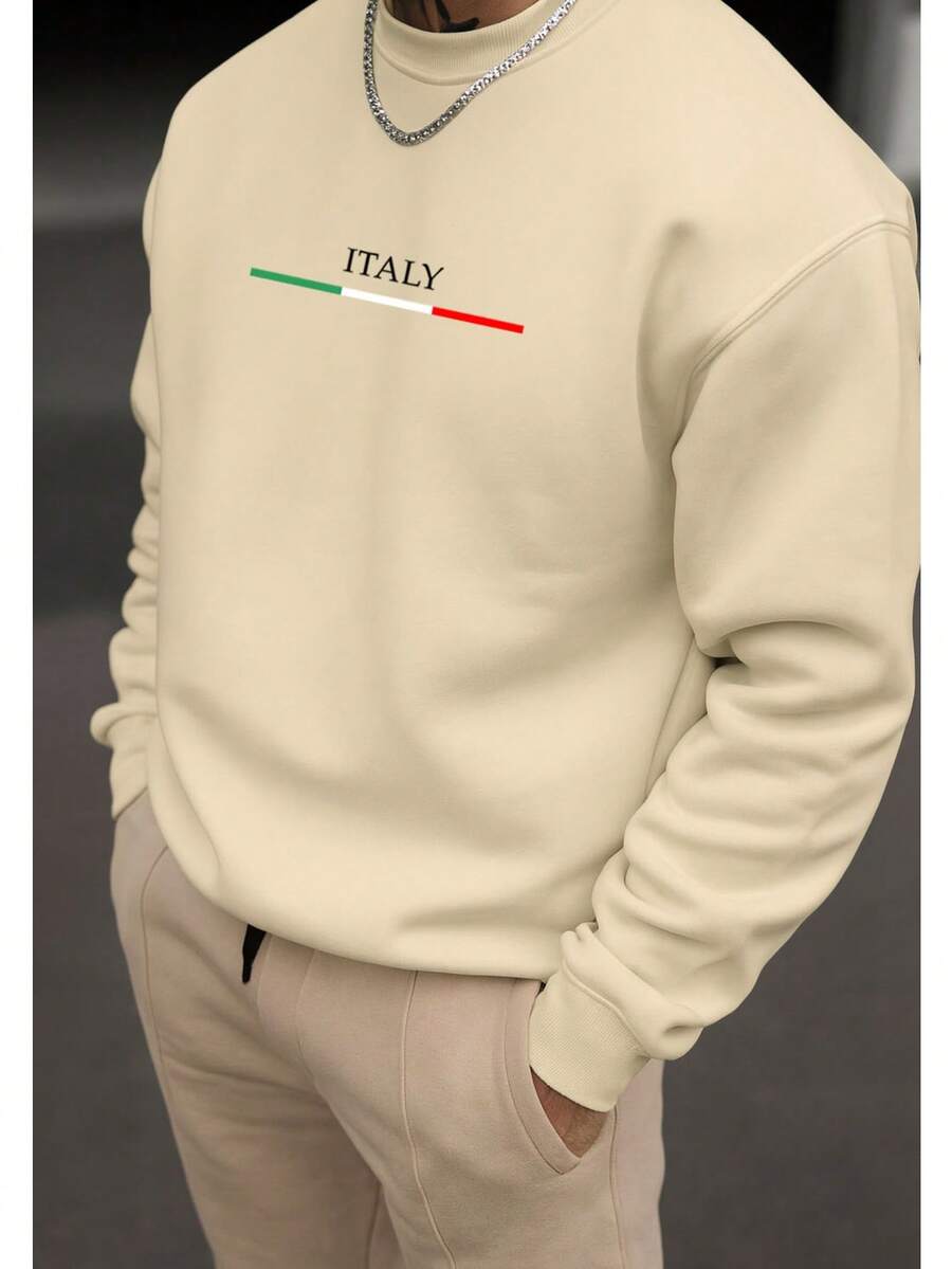 Men's Crew Neck Sweatshirt Flannel Cold Weather Top Comfortable Unisex Jacket Immediate Shipping Italian Print - 卡其色 - 查看 1