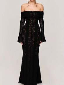 Off Shoulder Flared Long Sleeve Long Gowns Dresses - 黑色 - 查看 3