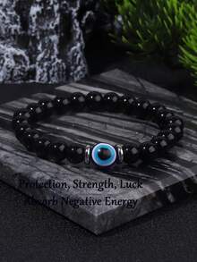 1条黑色碧玺强力护身手链，增强自信、专注力，驱散负能量，串珠弹力手链，具有灵性接地冥想功能。男女通用 - 黑色 - 查看 7