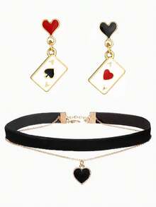 3pcs Women Fashion Asymmetric Heart & Playing Card Pendant Necklace Choker Set - Multicolor - View 6