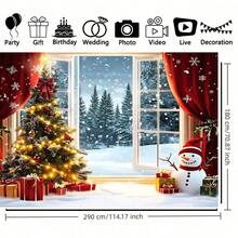 1 pieza de Fondo plano 2D de Navidad. Diseño de fondo con árbol de Navidad, muñeco de nieve y ventana de piso a techo. Tela de poliéster duradera, adecuada para decoración de pared interior, fondo de fotografía, decoración navideña exterior, estudio fotográfico, decoración de fiesta interior