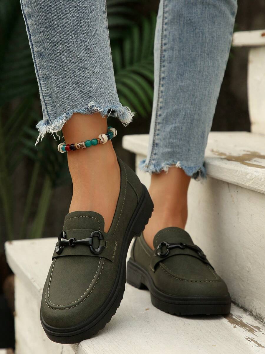 Women's Green British Style Slip-On Loafers, Anti-Slip, Soft & Comfortable, School/Work Casual Shoes, New Design
