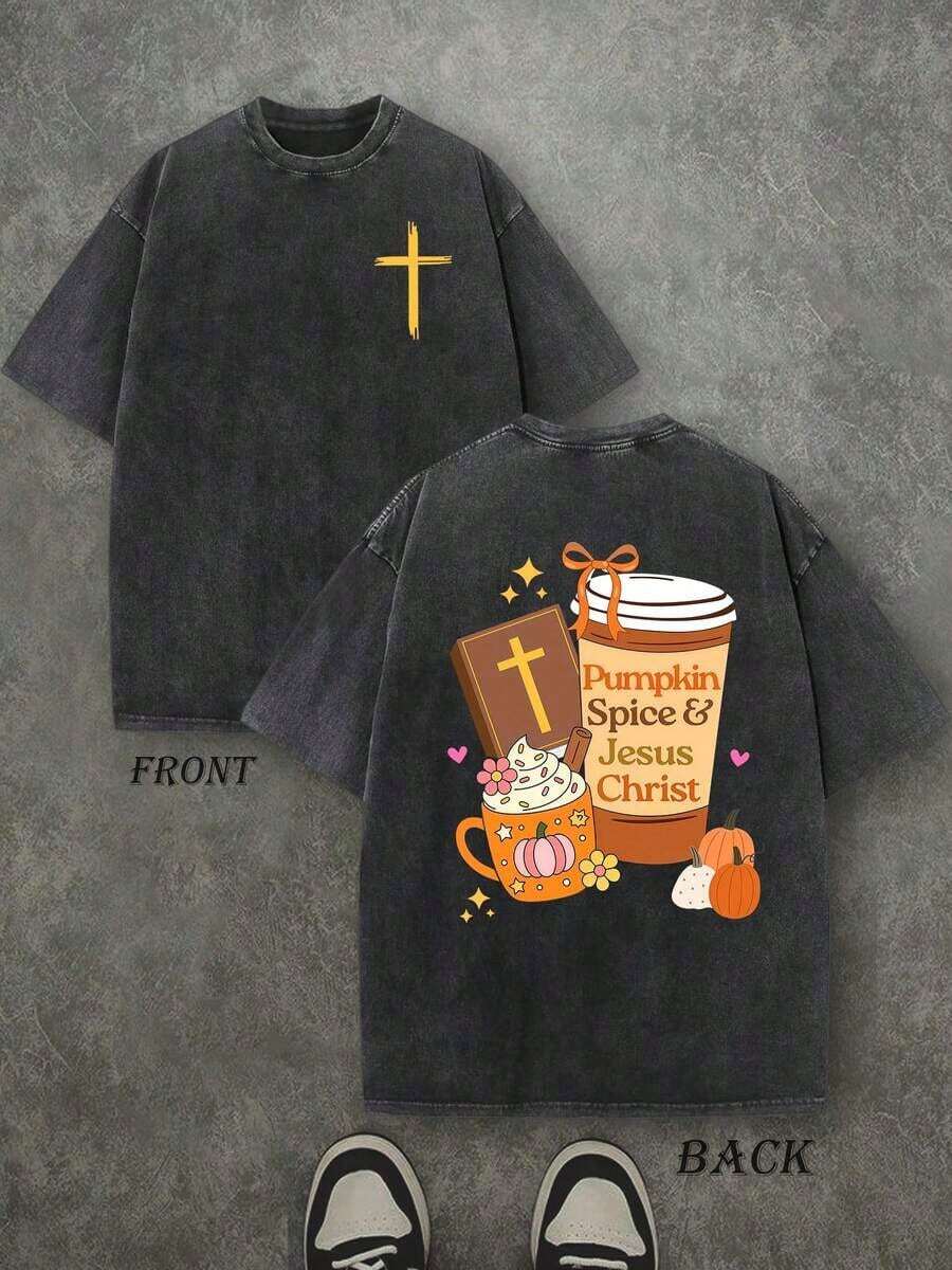 Halloween Pumpkin Spice And Jesus Christ Christian Shirt, Halloween Christian T-Shirt, Vintage Retro Washed Shirt Double Sided Printed (230 Heavyweight Pure Cotton T-Shirt) High Quality Christian T-Shirt, Halloween Christian Gifts, Men's And Women's Shirts, Comfortable, Fashion Christian Shirt, Street Style Pure Cotton Fall Shirt-Uniform Large Size Top For Men And Women - 黑色 - 查看 1