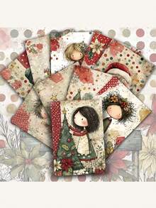 1/20pcs Cute Polka Dot Christmas Girl Paper Mailing Cards - Christmas Junk Journal Paper, Classic Girl Illustration, Santa Hat And Warm Winter Scene, Collectible Decorative Cards, Collectible Scrapbook Decorative Cards, Crafting, Holiday Gifts, Scrapbooking Supplies, Vintage Design, High Quality Print, Handmade Texture, Perfect For Journaling Lovers And Crafting Lovers, Scrapbooking And Crafting