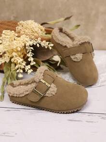 Toddler Boys/Girls Slip-On Plush Lined Flat Simple Retro Faux Fur Slippers, Suitable For Winter