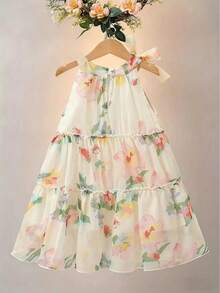 夏季时尚女童碎花雪纺公主裙 - 波西米亚风，及膝长度，蝴蝶结装饰，完美适合海滩和派对