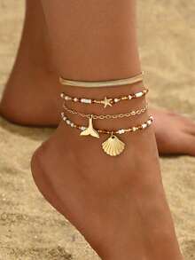 4pcs/Set Gold Starfish Handmade Random Beaded Anklet, Simple Metal Thick Snake, Shell, Fish Tail Pendant Foot Jewelry For Women, Suitable For Daily Wear, Travel And Vacation