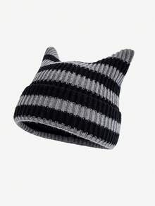 1pc Fashionable Striped Cat Ear Knit Beanie Hat For Men, Cute Versatile Warm Pullover Hat For Women, Suitable For Autumn/Winter Daily Wear, Windproof, Warm, Outdoor Fashion Accessory, Great Gift Men's Winter Clothing - Multicolor - View 7