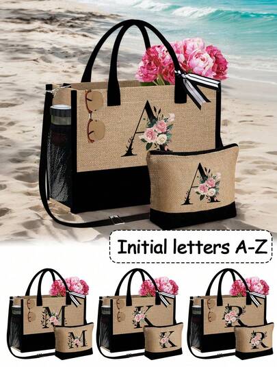 1set ,A Initial Flowers Pattern Tote Bag With Shoulder Straps&A Makeup Bag Initial Letters A-Z Set,,Initial Jute/Canvas Tote Bag Comes With A Makeup Bag, Personalized Present Bag, Suitable For Wedding, Birthday, Beach, Holiday,School Bag , Is A Great Gift For Women, Mom, Teachers, Friends, Bridesmaids,Student ,Large Bag , Back To School ,Simple Large-Capacity Handbag, Portable Casual Storage Tote Bag ﻿