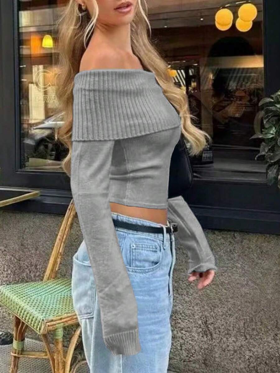 Elegant Solid Color Off-Shoulder Long Sleeve Slim Fit Sweater Going Out Party Dating Casual Cozy Fashion Glamorous Tops Fall Clothes For Women