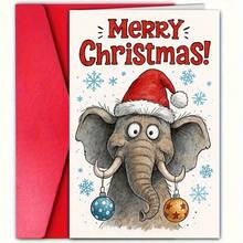 1pc Funny Elephant Christmas Card With Santa Hat - Perfect Holiday Greeting And Gift For Animal Lovers, Festive Seasonal Celebration Card, Whimsical Design, Durable Paper Material, Ideal For Christmas Shoppers & Holiday Decorators, Christmas Card For Granddaughter With Elephant, Thank You Card, Christmas Card, Wedding Card