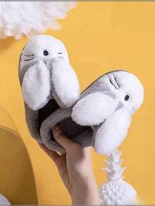 Kids Cute Rabbit Ear Warm Plush Slippers, Autumn/Winter - Grey - View 6