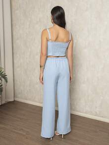 Conjunto Feminino Cropped e Calça Pantalona  Simples    Casual  elegante    Bolso  Franzido    Escritório - Azul bebê - Visão 3