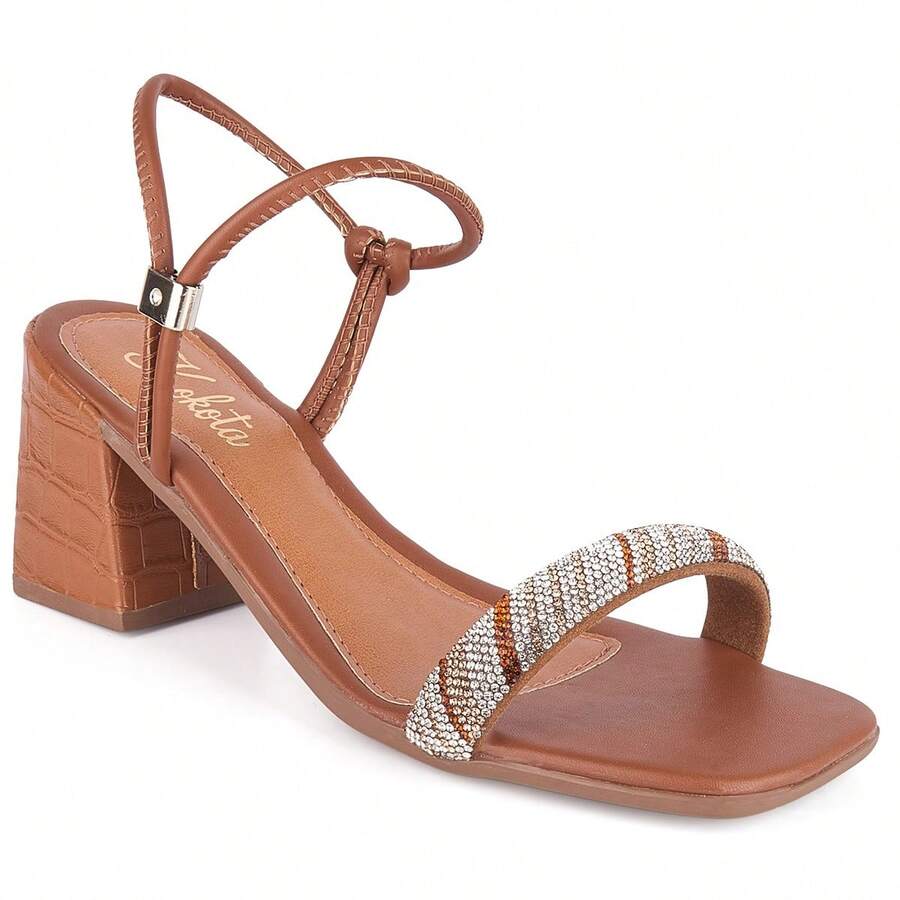Sandália Feminina Com Detalhes de Strass na Tira e Salto Bloco Médio - Elegante e Moderna Ideal Para Looks Casuais - Caramelo - Visão 1