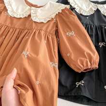 Girls Dress Autumn Lapel Retro Embroidery Baby Girl Princess Spring And Autumn Skirt - 黑色 - 查看 6
