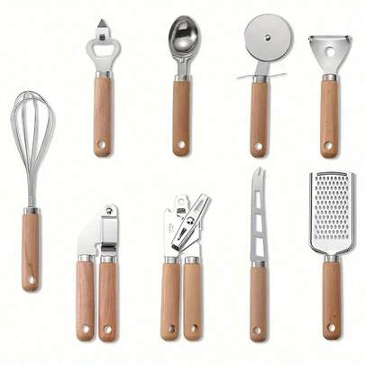 9pcs Kitchen Tool Set, Wooden Handle Stainless Steel Baking Tools, Pizza Tools