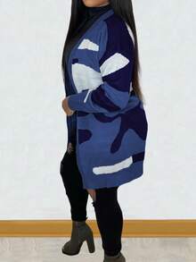 Cárdigan holgado de manga larga con bloque de color y estampado de camuflaje para mujer, cárdigan de punto ligero para otoño/invierno, vacaciones de otoño - Azul - Ver 5