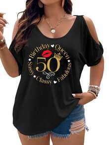 50th Birthday Celebration Queen, Sassy, Classy, Fabulous Women Cold Shoulder Tops Summer Short Sleeve Shirt Plus Size - 黑色 - 查看 1