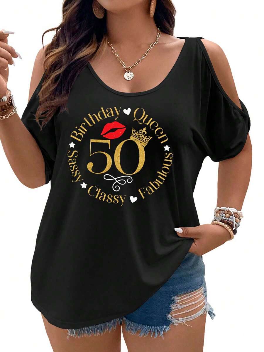 50th Birthday Celebration Queen, Sassy, Classy, Fabulous Women Cold Shoulder Tops Summer Short Sleeve Shirt Plus Size - 黑色 - 查看 1