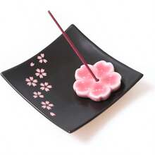 Japanese Ceramic Handmade Cute Cherry Blossom Incense Stick Holder Or Incense Burner Holder Unique Ash Catcher Inscent Tray And Decorative Gift Home Decor 3.94 Inches Square Pink