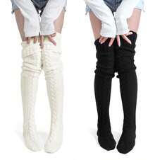 VETHIN Women's Cable Knit Thigh High Socks - Over Knee High Long Leg Stockings - Extra Long Winter Boot Leg Warmers Extra Long 100cm Over Knee Stockings  1PCS - 黑色 - 查看 1