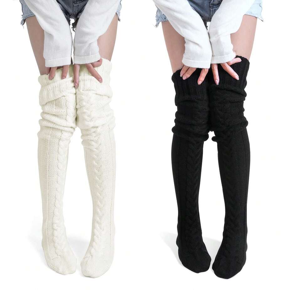 VETHIN Women's Cable Knit Thigh High Socks - Over Knee High Long Leg Stockings - Extra Long Winter Boot Leg Warmers Extra Long 100cm Over Knee Stockings  1PCS - 黑色 - 查看 1