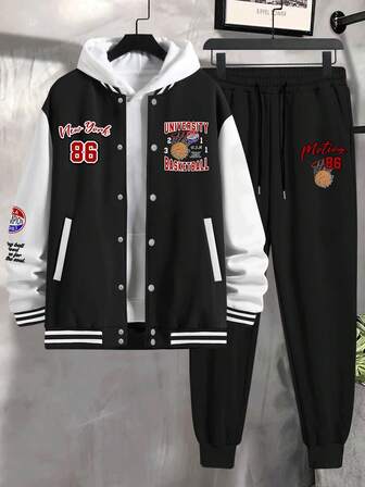 2 pezzi Set di giacca e pantaloni casual da uomo con stampa a contrasto di lettere, adatto per autunno/inverno