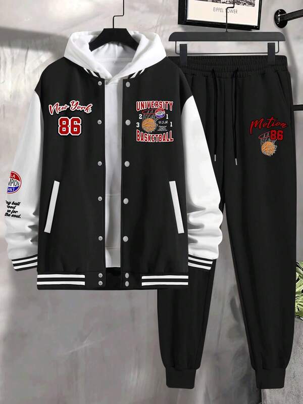 2 Peças Conjunto de Jaqueta de Beisebol e Calça Casuais Masculinos com Estampa de Letra em Contraste de Cor, Outono/Inverno