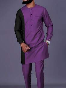 Men's Casual Long-Sleeved Two-Piece Suit, Mid-Length Top And Trousers - Màu tím - Xem 1