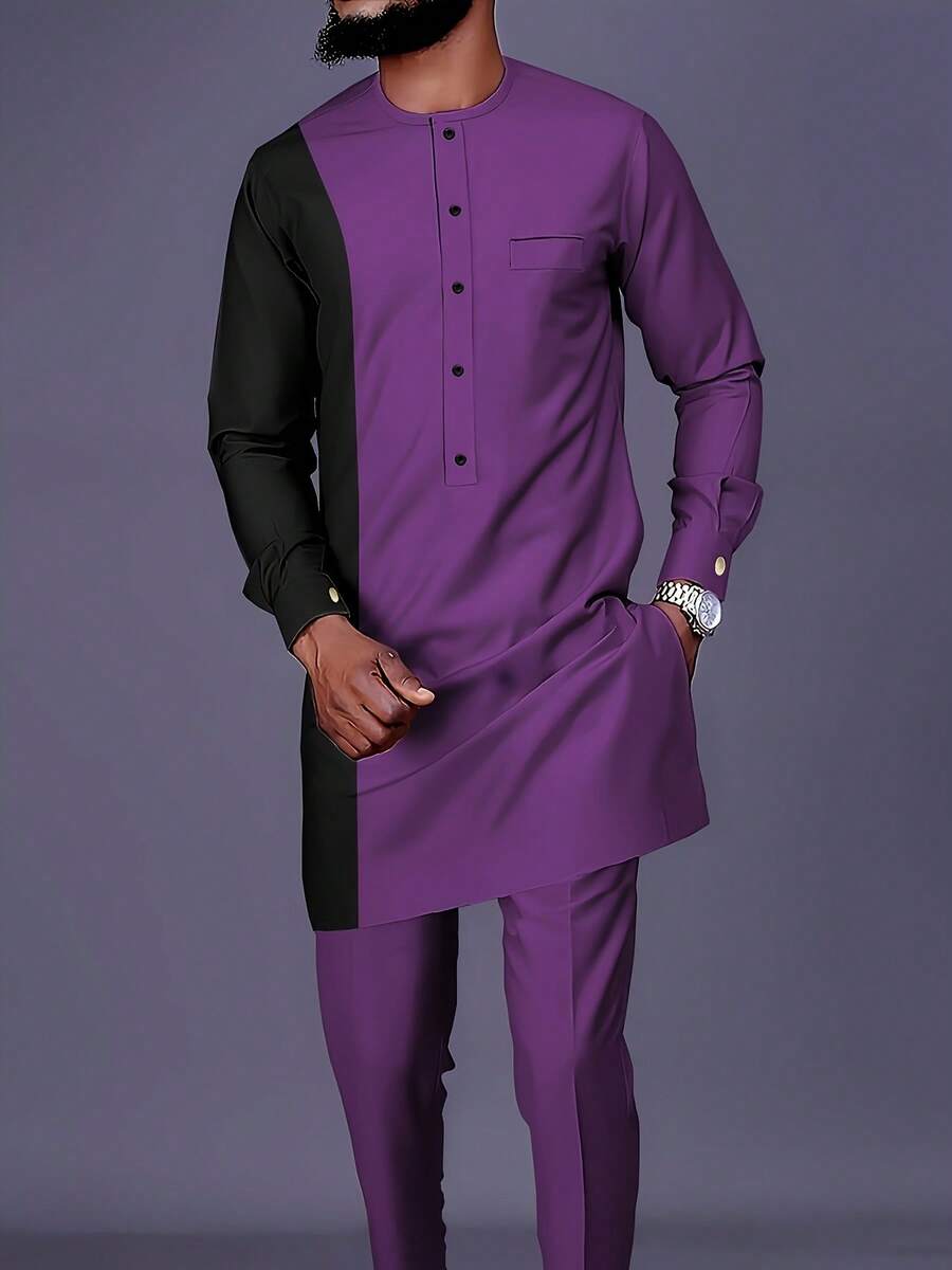 Men's Casual Long-Sleeved Two-Piece Suit, Mid-Length Top And Trousers - Màu tím - Xem 1