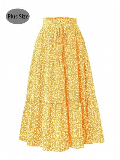 تنورة نسائية بخصر مطاطي بطبعة زهور صغيرة على شكل A، مناسبة للربيع/الصيف/الخريف، مقاسات كبيرة