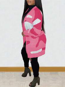 Women's Camouflage Pattern Contrast Color Loose Cardigan, Lightweight Knit Sweater For Autumn/Winter - Pink - View 5