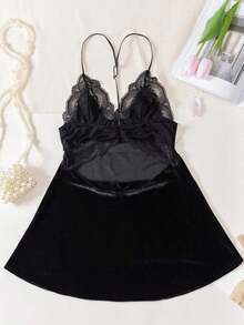 New Velvet Lace Patchwork Y-Strap Backless Nightgown, Rave - màu đen - Xem 6