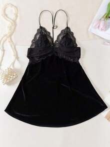 New Velvet Lace Patchwork Y-Strap Backless Nightgown, Rave - màu đen - Xem 5