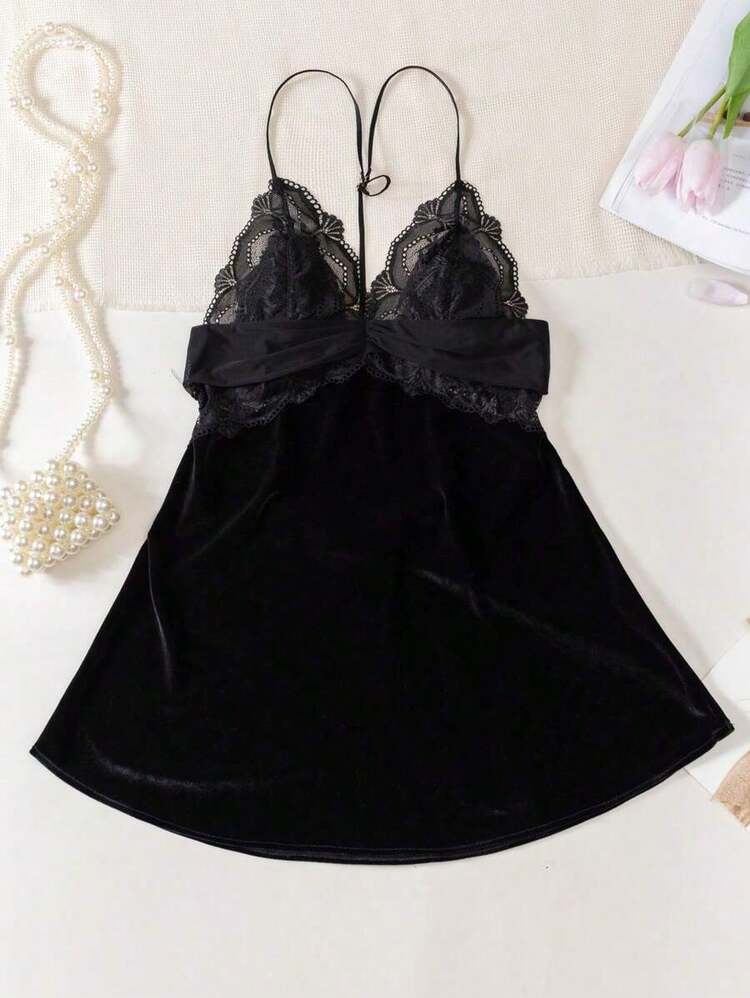Nuevo camisón sin espalda con patchwork de encaje y terciopelo, Rave - Negro - Añade 5