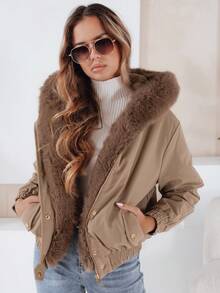 Women's Short Winter Jacket With Hood And Faux Fur Trim. Stylish And Warm Outerwear With Zipper And Snap Fastening, Elastic Waist And Cuffs, Practical Pockets, And A Fashionable Design Perfect For Winter And Everyday Urban Looks. - Beige - View 1