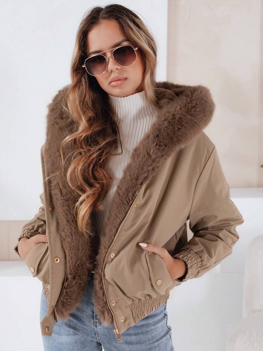 Women's Short Winter Jacket With Hood And Faux Fur Trim. Stylish And Warm Outerwear With Zipper And Snap Fastening, Elastic Waist And Cuffs, Practical Pockets, And A Fashionable Design Perfect For Winter And Everyday Urban Looks. - Beige - View 1