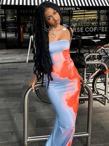 Vestido largo elástico sexi sin tirantes estilo Y2K, vestido con ataduras y espalda al aire, ropa de playa para vacaciones - Azul - Ver 1