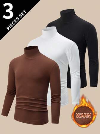 3 pièces T-shirts à col montant et manches longues pour hommes, en tissu polaire réversible, sous-vêtement thermique décontracté chaud, automne/hiver