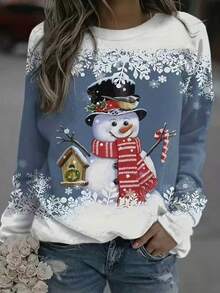 Women's Christmas Print Crew Neck Long Sleeve Sweatshirt - Baby Blue - View 7